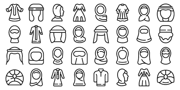 Muslim fashion icons set outline vector Arab casual