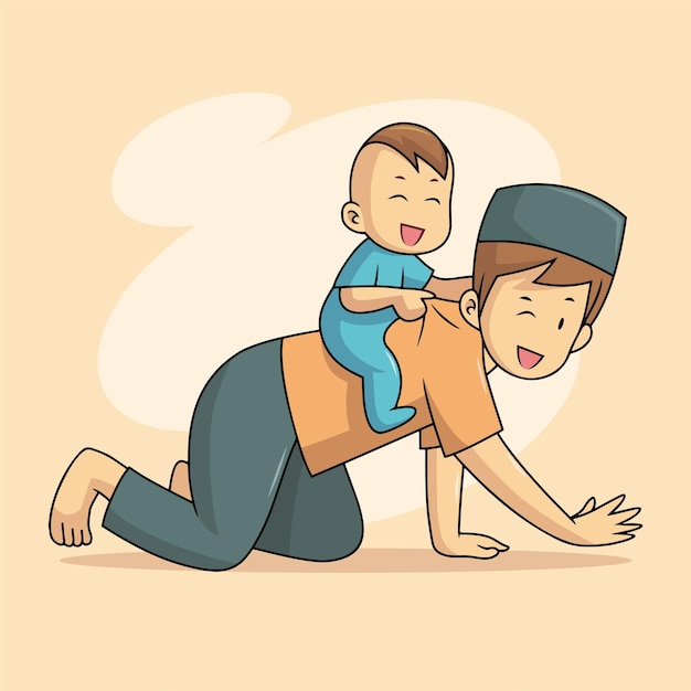 Muslim father playing with his son carrying on his back