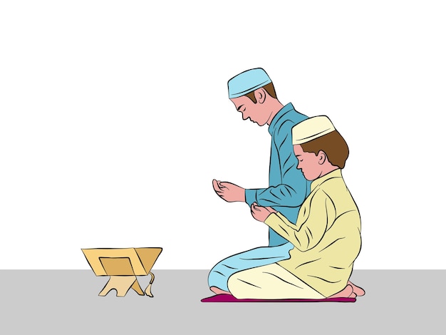 Muslim father with son praying illustration