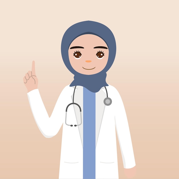 Muslim female doctor in hijab with medical set hand drawn cartoon character