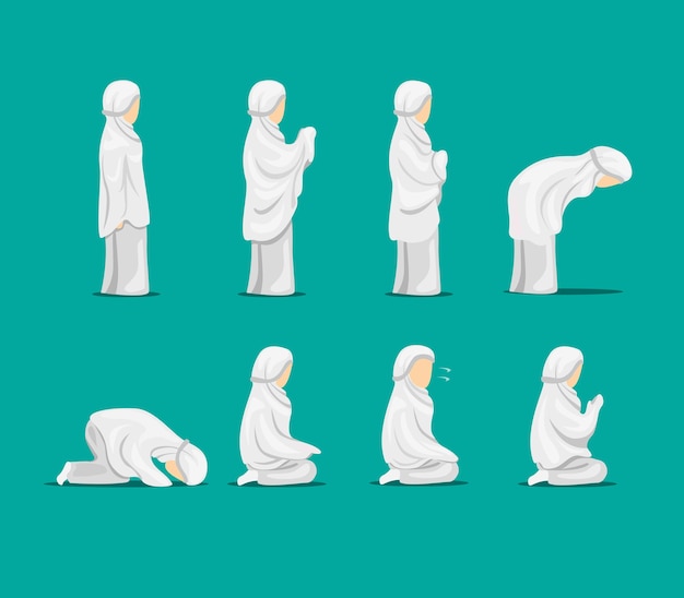 Muslim female praying position step instruction symbol icon set. concept in cartoon illustration 