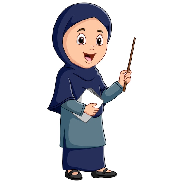 Muslim female teacher with hijab holding a book and pointing