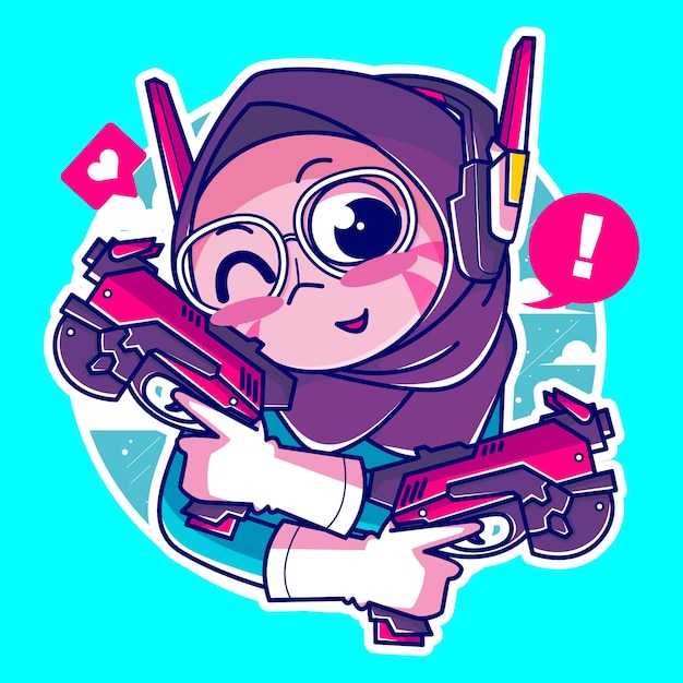 Muslim gamer girl with cool gun and headset