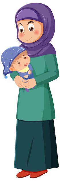 Muslim Girl Carrying Baby Cartoon Character