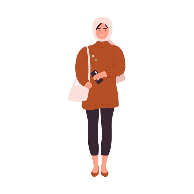 Vector muslim girl in hijab and modern outfit standing with bag and mobile phone