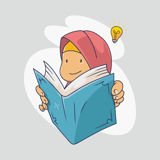 Muslim girl in hijab reading a book with an idea