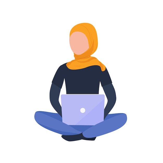 Muslim girl in hijab working with laptop sitting on the floor