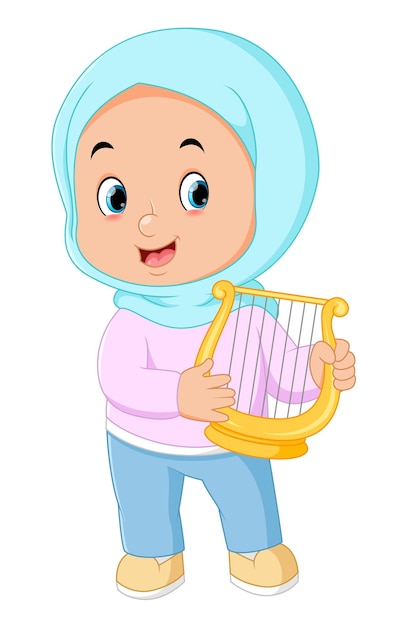 A Muslim girl is happy playing the music harp