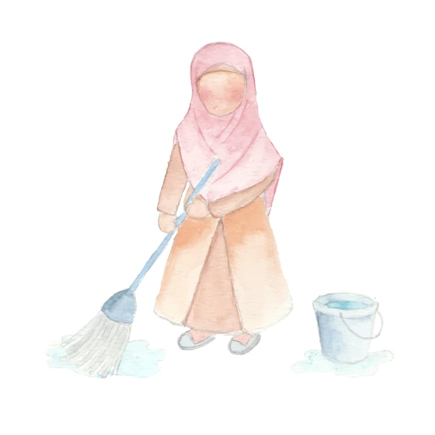 Muslim Girl Mopping the Floor Watercolor Illustration