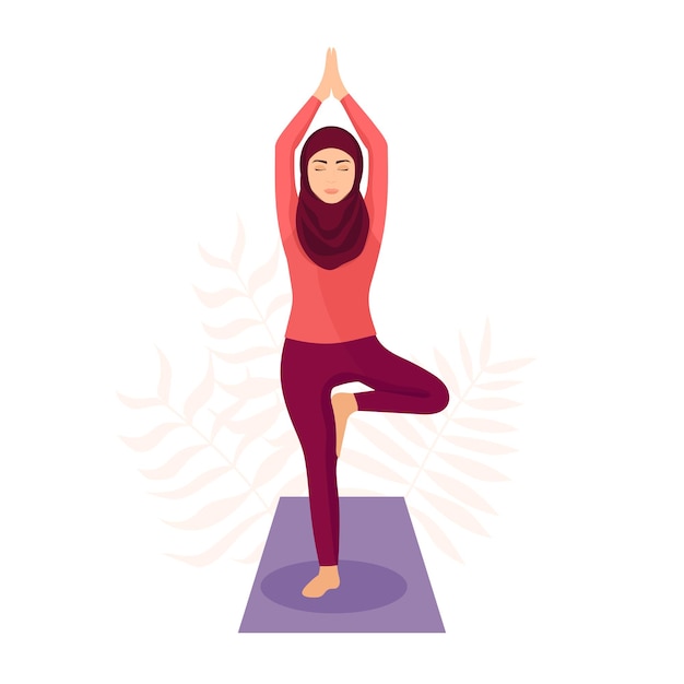 Muslim girl practicing yoga Flat vector illustration isolated on white background