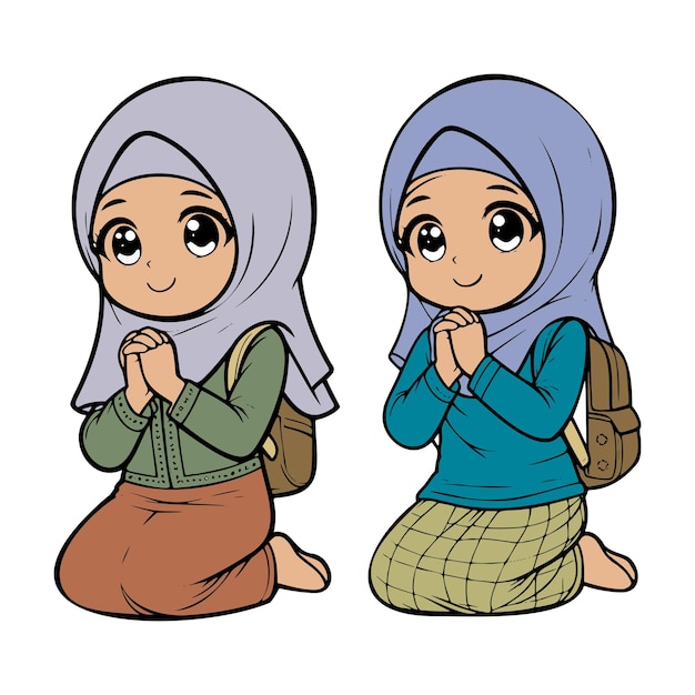 muslim girl praying cartoon character illustration