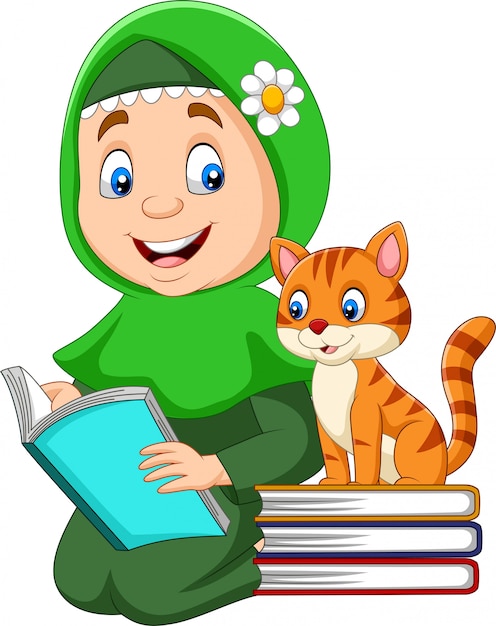 Muslim girl reading a book with cat