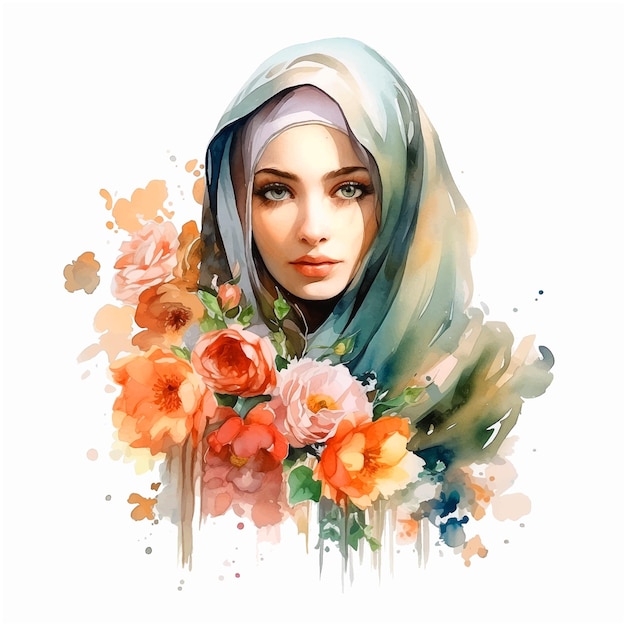 Muslim girl surrounded by flowers watercolor paint