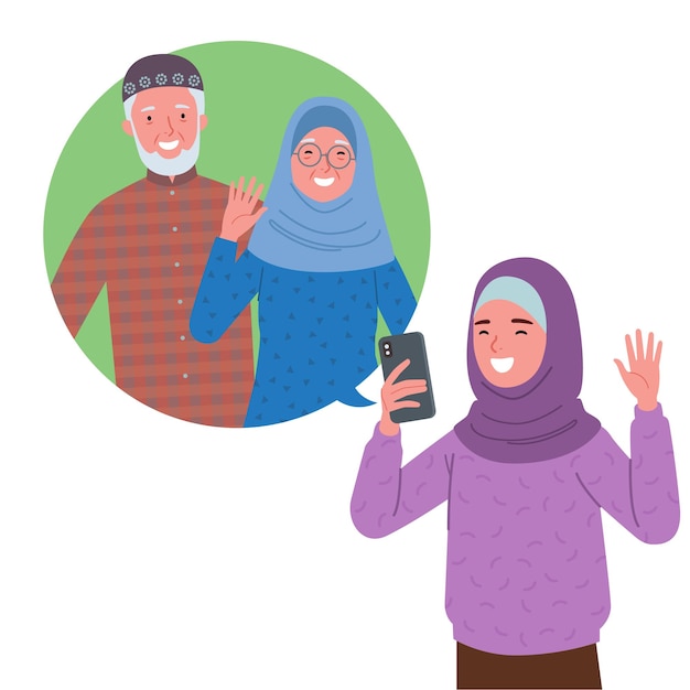 Muslim girl wearing a hijab is doing a video call with her grandfather and grandmother via phone