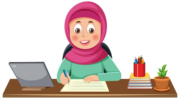 Vector muslim girl working at the table vector