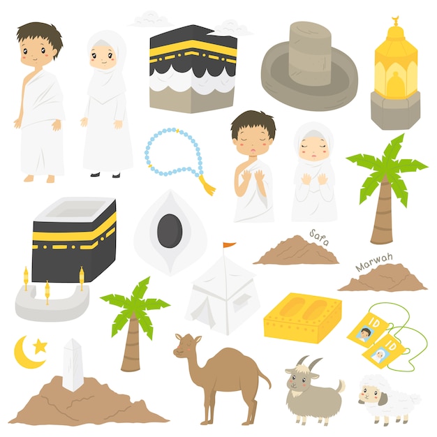 Muslim Hajj and Umrah, characters and landmarks illustration