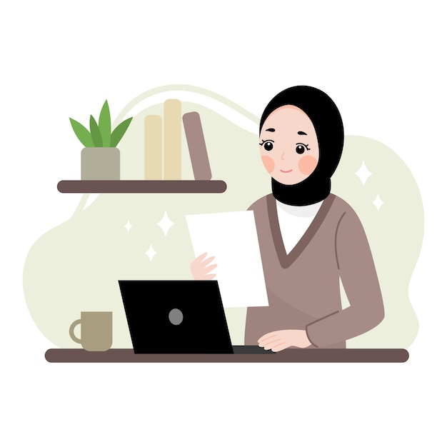 Muslim hijab girl work from home illustration flat concept