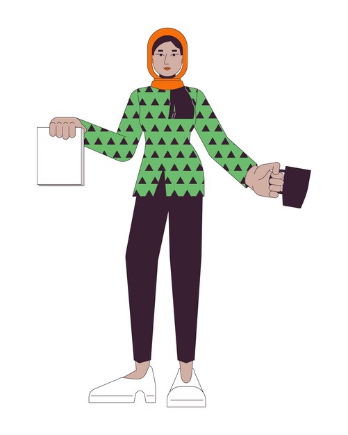 Vector muslim hijab woman holding documents cup 2d linear cartoon character office secretary serving coffee isolated line vector person white background arab businesswoman color flat spot illustration