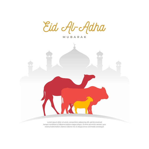 Muslim holiday Eid alAdha Celebration Background mosque goat camel and cow vector illustration Eps