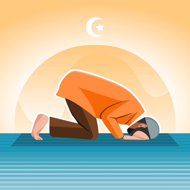 Vector a muslim is sholat praying or prostrating in the mosque flat illustration