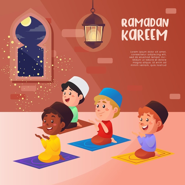 Muslim Kids Character Praying Together in Ramadan Kareem Islamic Concept Illustration