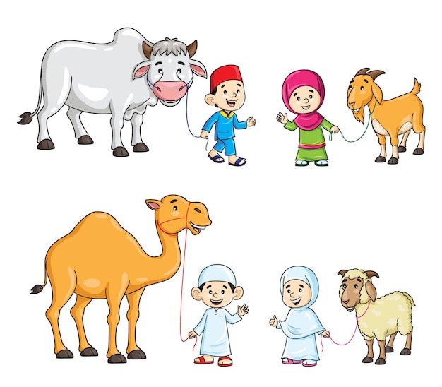 Muslim kids with camel, cow, goat, and sheep cartoon