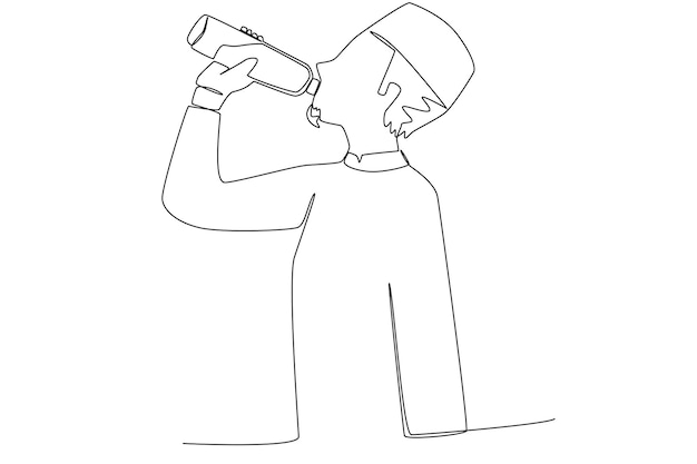 A Muslim man breaking fasting by drinking water in Ramadan one line art