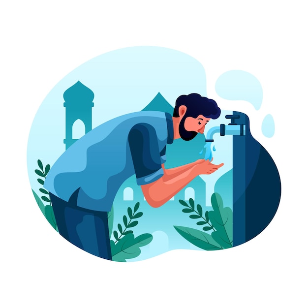 Muslim man doing (wudhu) ablution, boy take water to washing hand. cartoon flat illustration vector