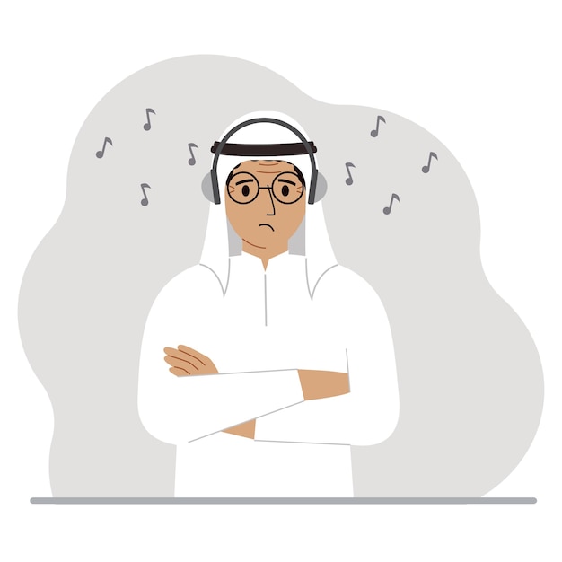 A muslim man in headphones listens to music Podcast and hobby concept Character for decor design and print Vector flat illustration