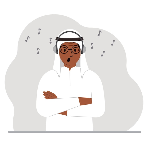 A muslim man in headphones listens to music Podcast and hobby concept Character for decor design and print