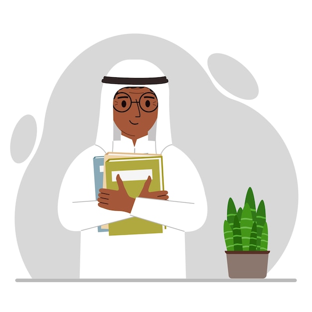 A muslim man holds a stack of books in one hand a clipboard in the other space for text Knowledge education teaching personal improvement reading list Vector flat illustration