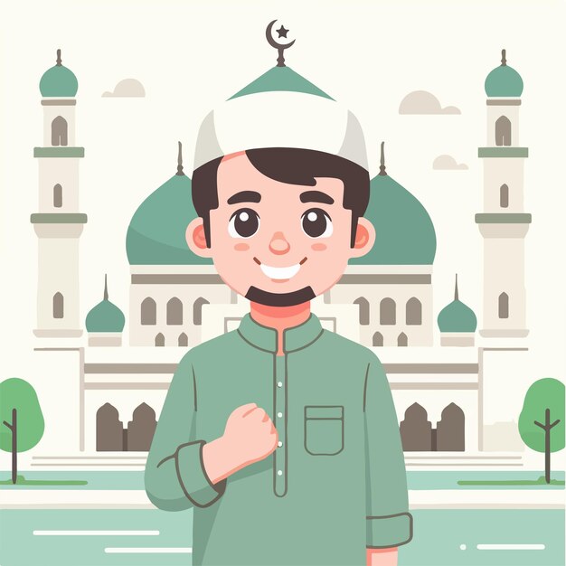 Vector muslim man is cheerful with a mosque in the background