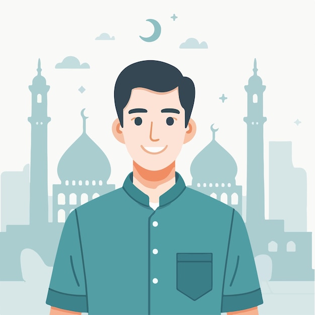 Vector muslim man is cheerful with a mosque in the background