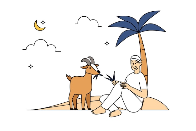 muslim man is feeding the goat