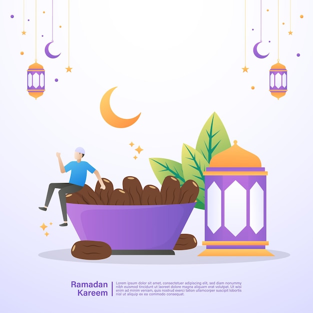 Muslim man is happy and enjoy the iftar meal of Ramadan. Illustration concept of ramadan kareem