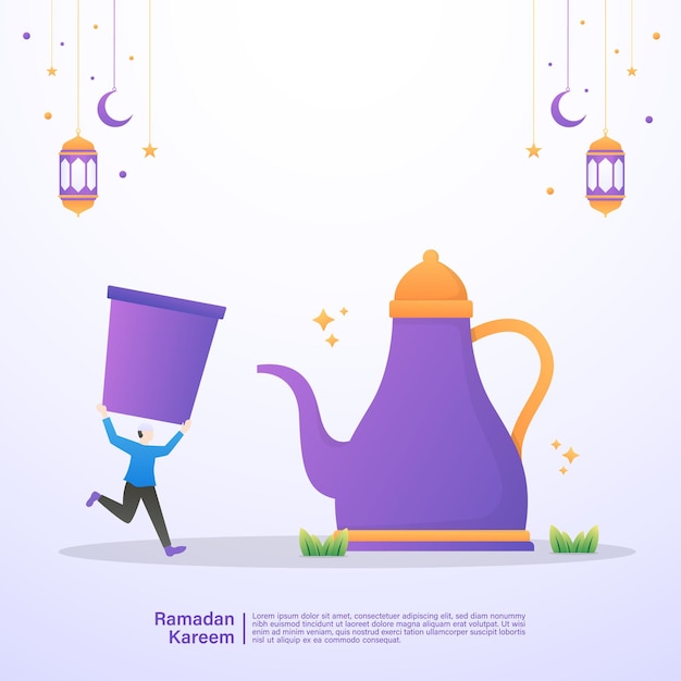 Muslim man is happy when breaking the fast of Ramadan. Illustration concept of ramadan kareem