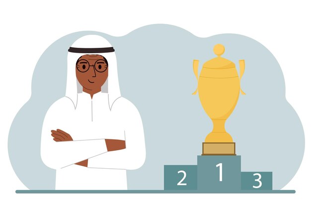 A muslim man next to the pedestal on which the cup for victory and first place