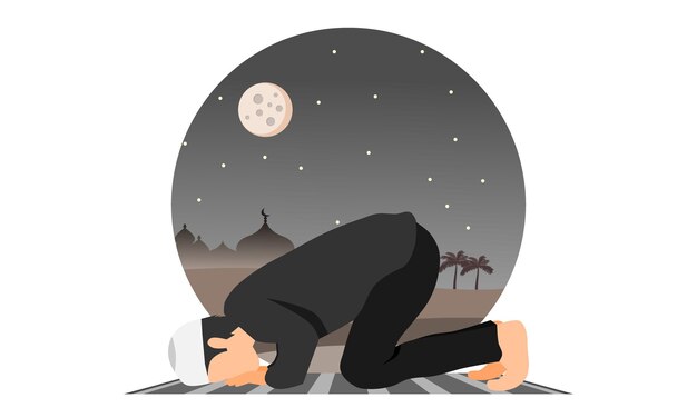 Vector a muslim man in prostration prayer position on prayer mat at night