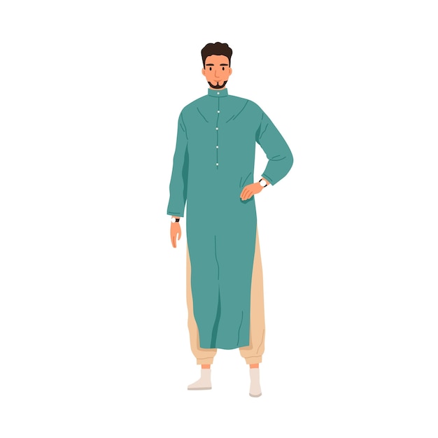 Muslim man wearing traditional Arab clothes, thobe. Saudi Arabian guy in eastern outfit, pants and tunic. Modern oriental person portrait. Flat vector illustration isolated on white background.