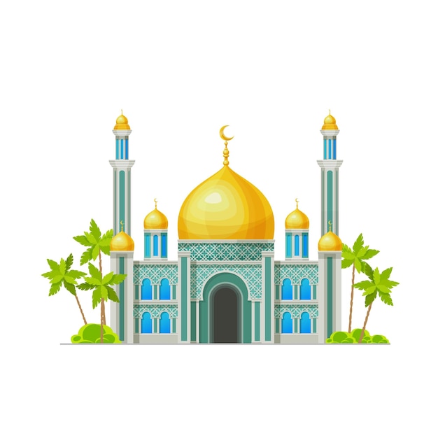 Muslim mosque building vector icon of Islam religion prayer house Arab religious architecture isolated cartoon mosque temple or masjid with minarets gold domes and crescents palm trees and lawn