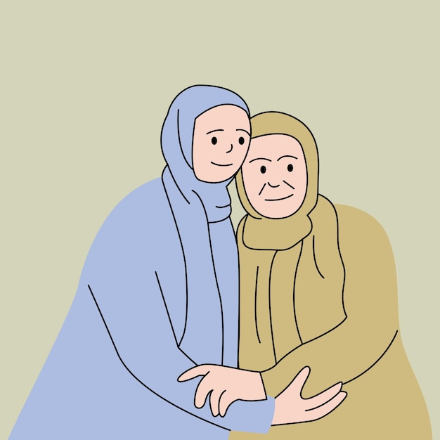 muslim mother and daughter hugging