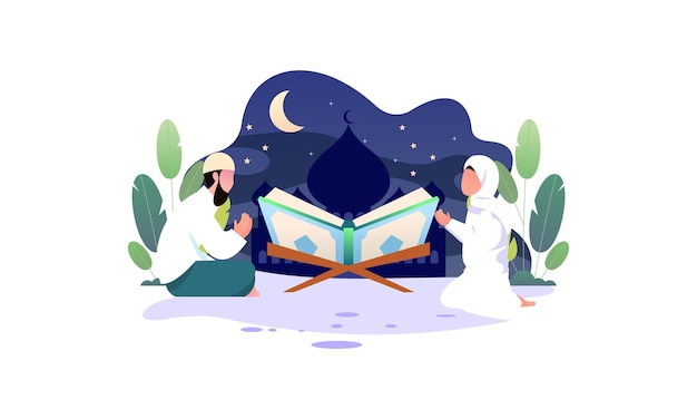 Muslim people reading and learning the quran  illustration 