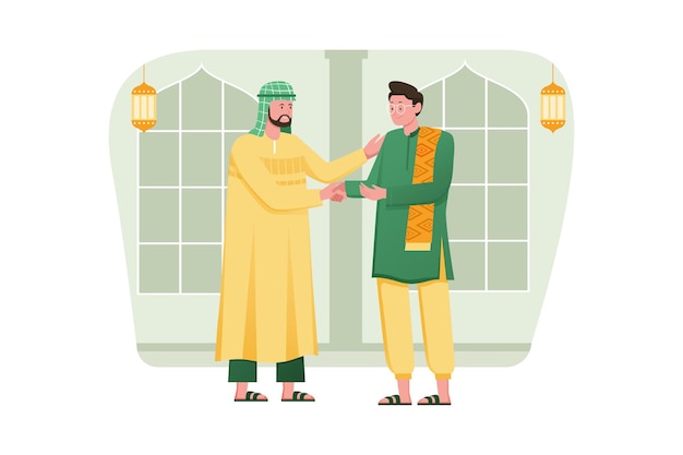 Muslim People Shaking Hands in Mosque Vector