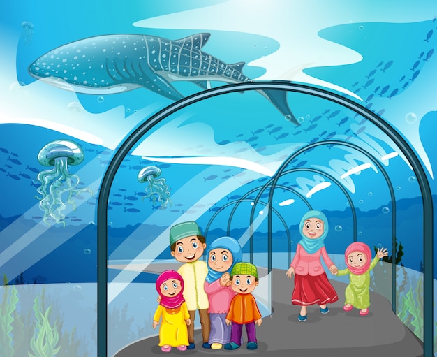 Muslim people visiting aquarium