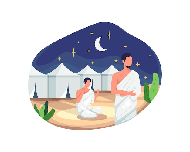 Muslim pilgrims at Mina tents area. One of Islam's sacred pilgrimage route, Hajj pilgrims praying and resting in Mina. Vector illustration in a flat style