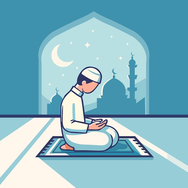 muslim pray flat design illustration with mosque moon and star eid mubarak al fitr islam ramadan