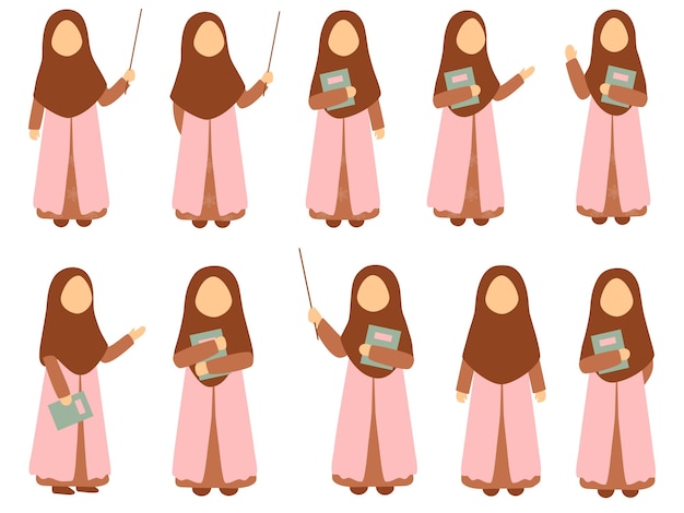 Muslim teacher illustration set with different poses