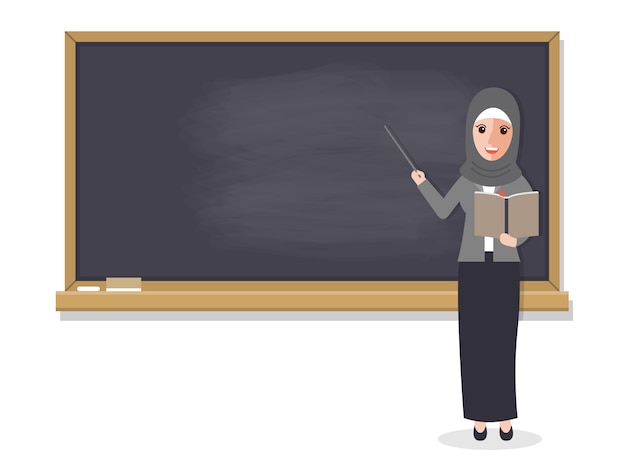 Muslim teacher teaching student in classroom.