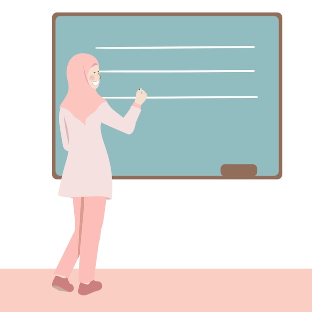 Muslim teacher teaching with blackboard in a classroom illustration