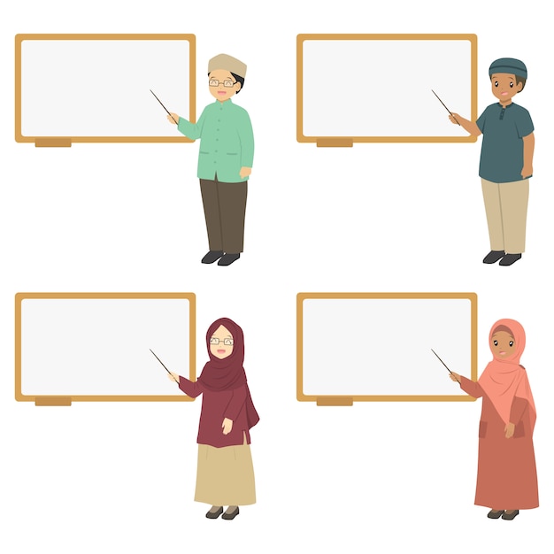 Muslim teachers pointing at a whiteboard, vector collection.